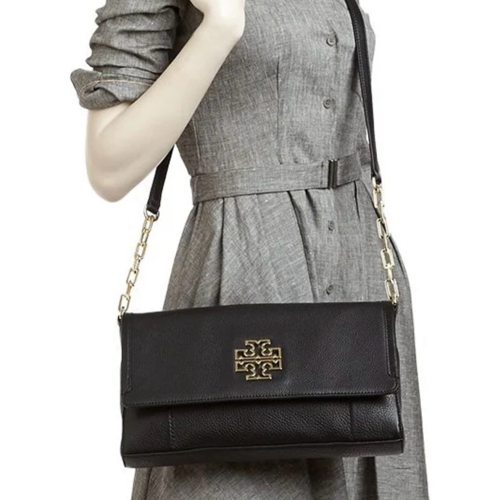 Tory Burch Britten Fold Over Messenger Black Leather Crossbody Purse - Picture 4 of 16